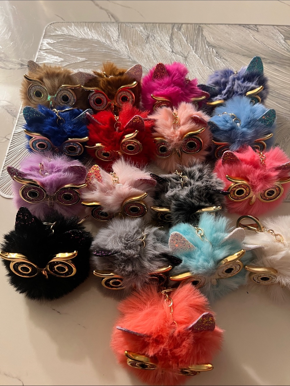 5 for $25 Owl Pom-Pom Keychain Bag Charm with Gold Accents: - Picture 2 of 2